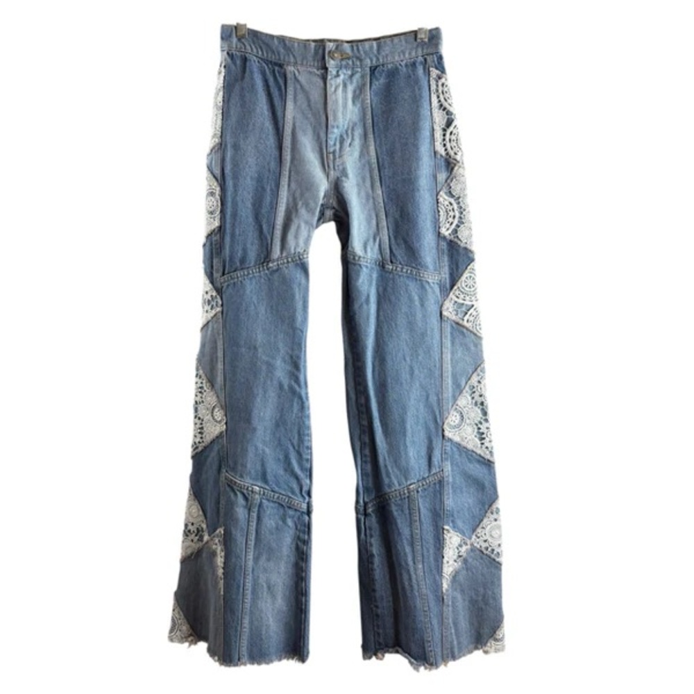 We The Free Blue Patchwork Flare Jeans with Lace Insets